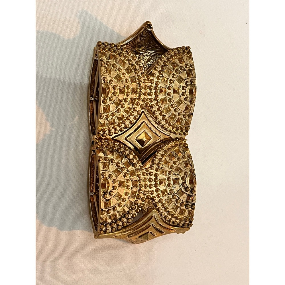 Vintage Gold Tone Textured Stretch Cuff Bracelet Ornate Geometric Statement